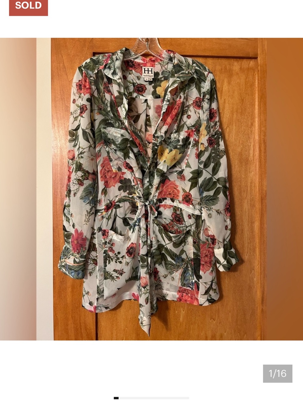 Haute Hippie Sheer Silk Floral Tunic, Rollup Sleeves Open Front Drawstring Waist